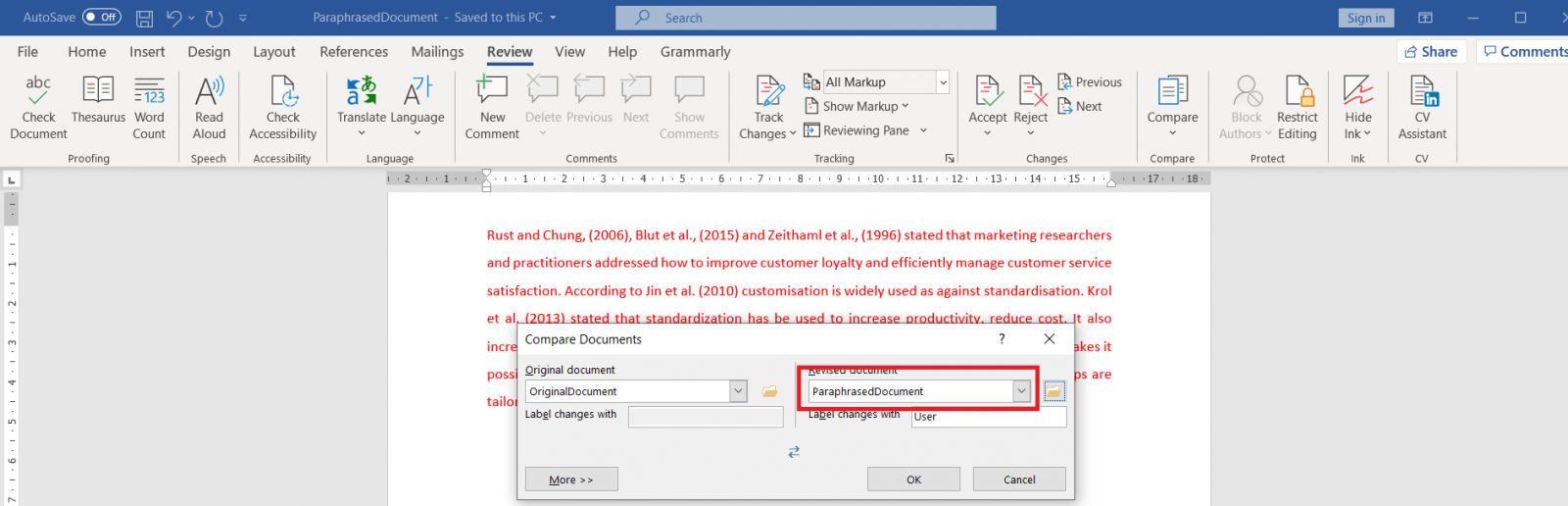 Microsoft Word Selection of Document to Compare